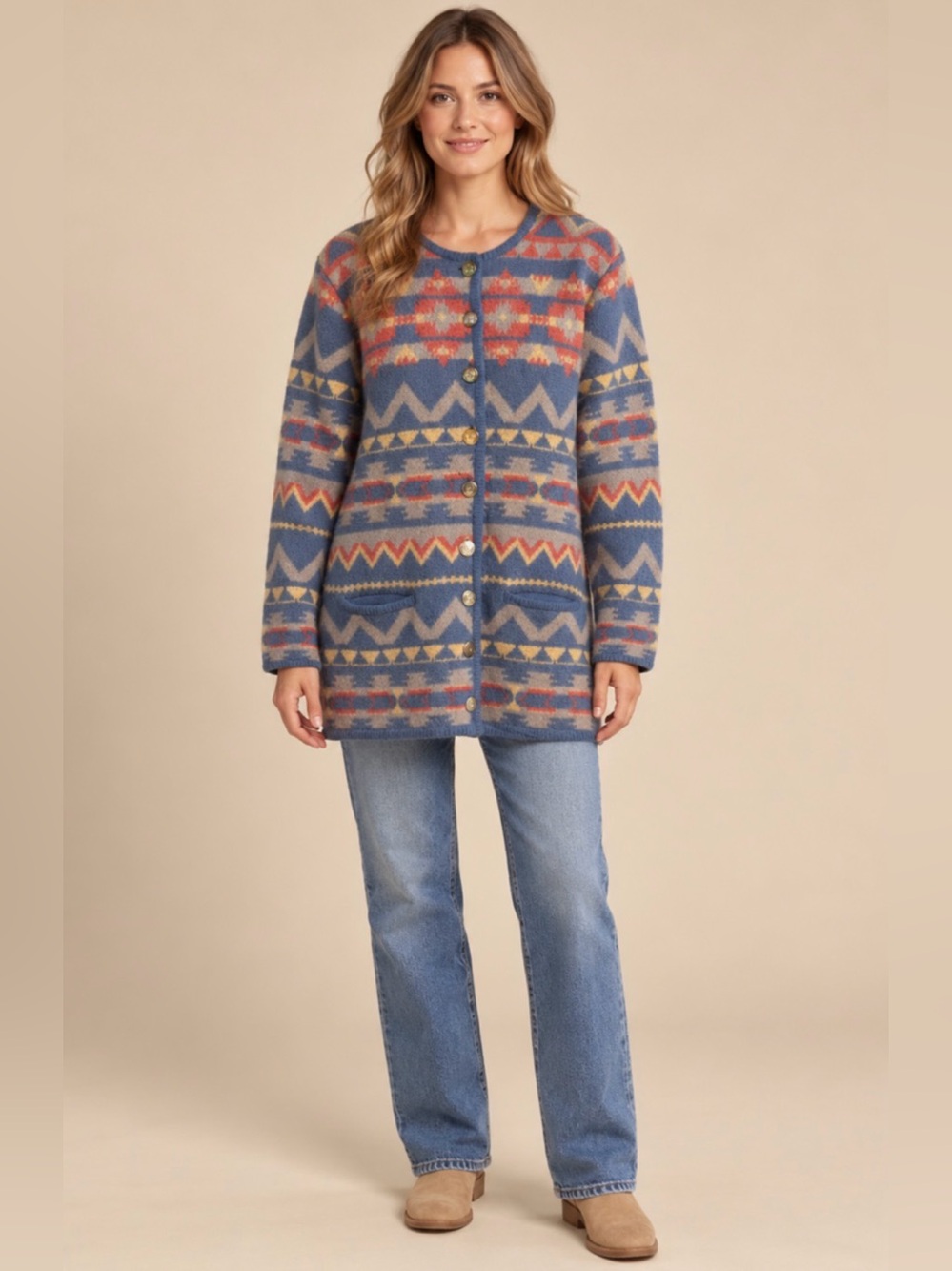 VINTAGE Franco Valeri Aztec Patterned Button-Up Wool Cardigan Coat Sweater